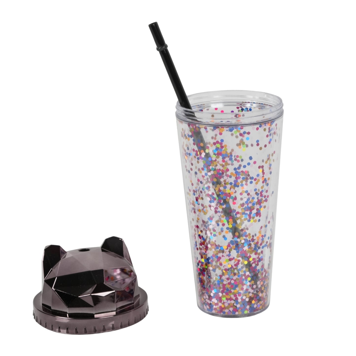 Cat-themed glitter tumbler cup with a straw