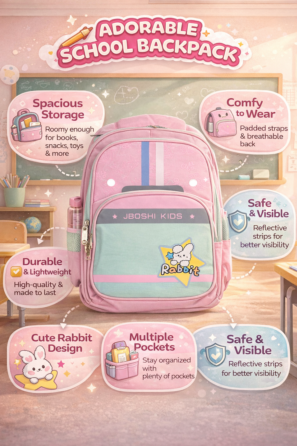 Pink Rabbit School Bag For Kids