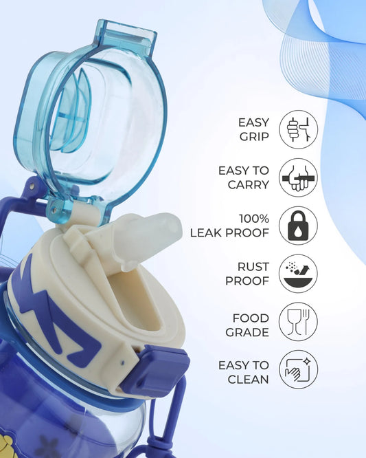 Cartoon Straw Water Bottle Blue – 700ml – Kids BPA-Free Sipper – TUFULA