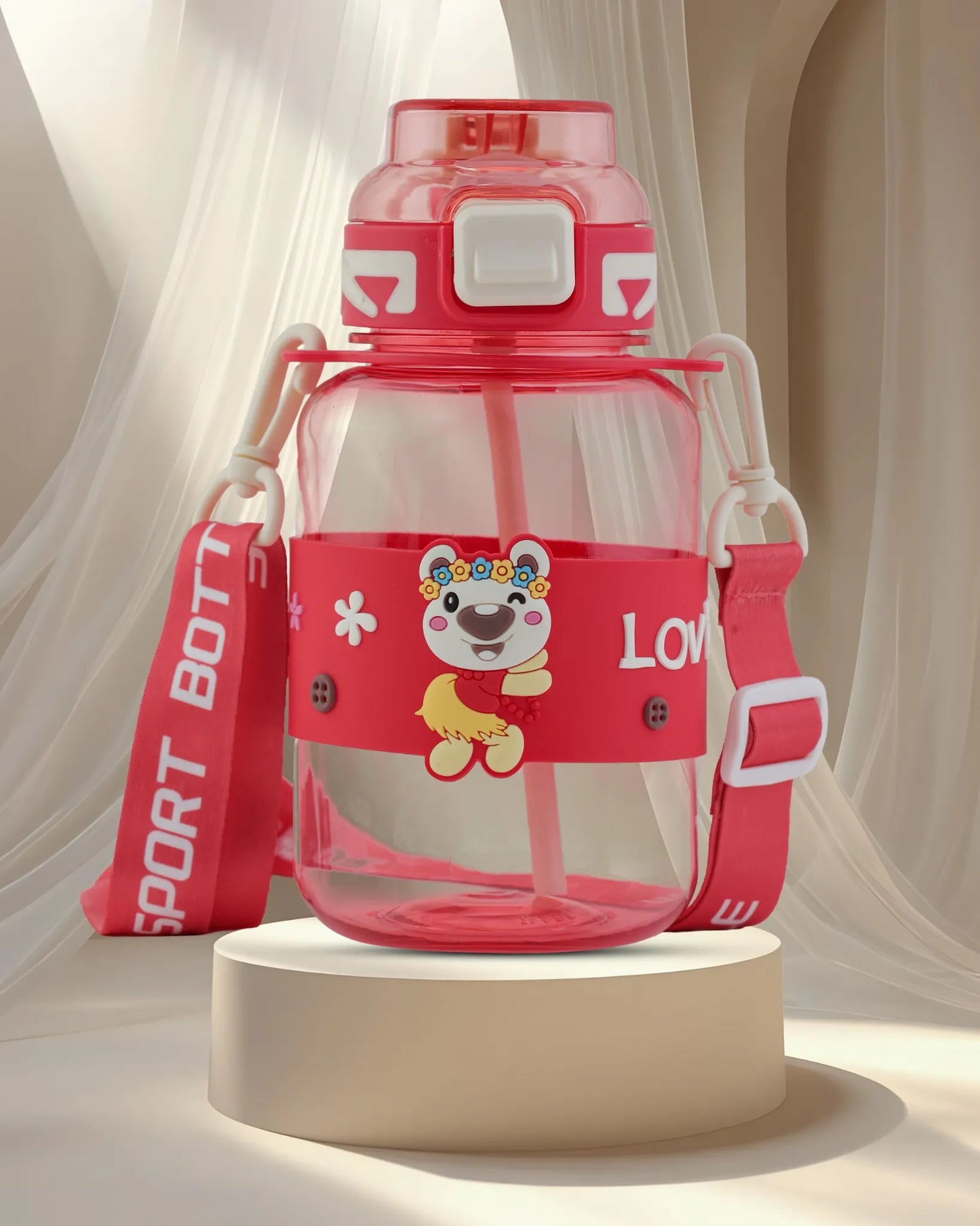 Cartoon Straw Water Bottle Red – 700ml – BPA-Free Sipper with Strap – TUFULA