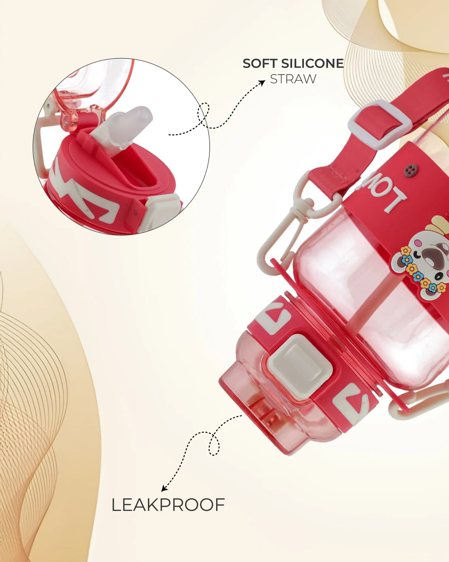 Cartoon Straw Water Bottle Red – 700ml – BPA-Free Sipper with Strap – TUFULA