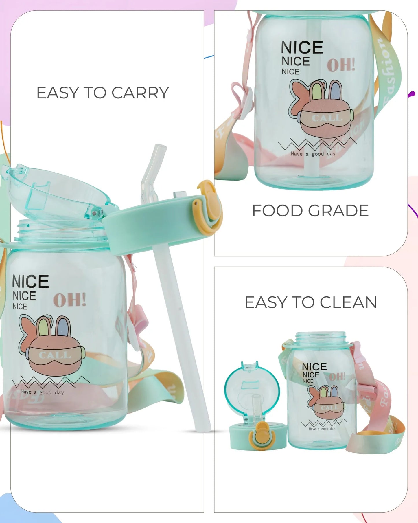 Smart Printed Water Bottle Green – 500ml – Robot Print Bottle with Strap – TUFULA