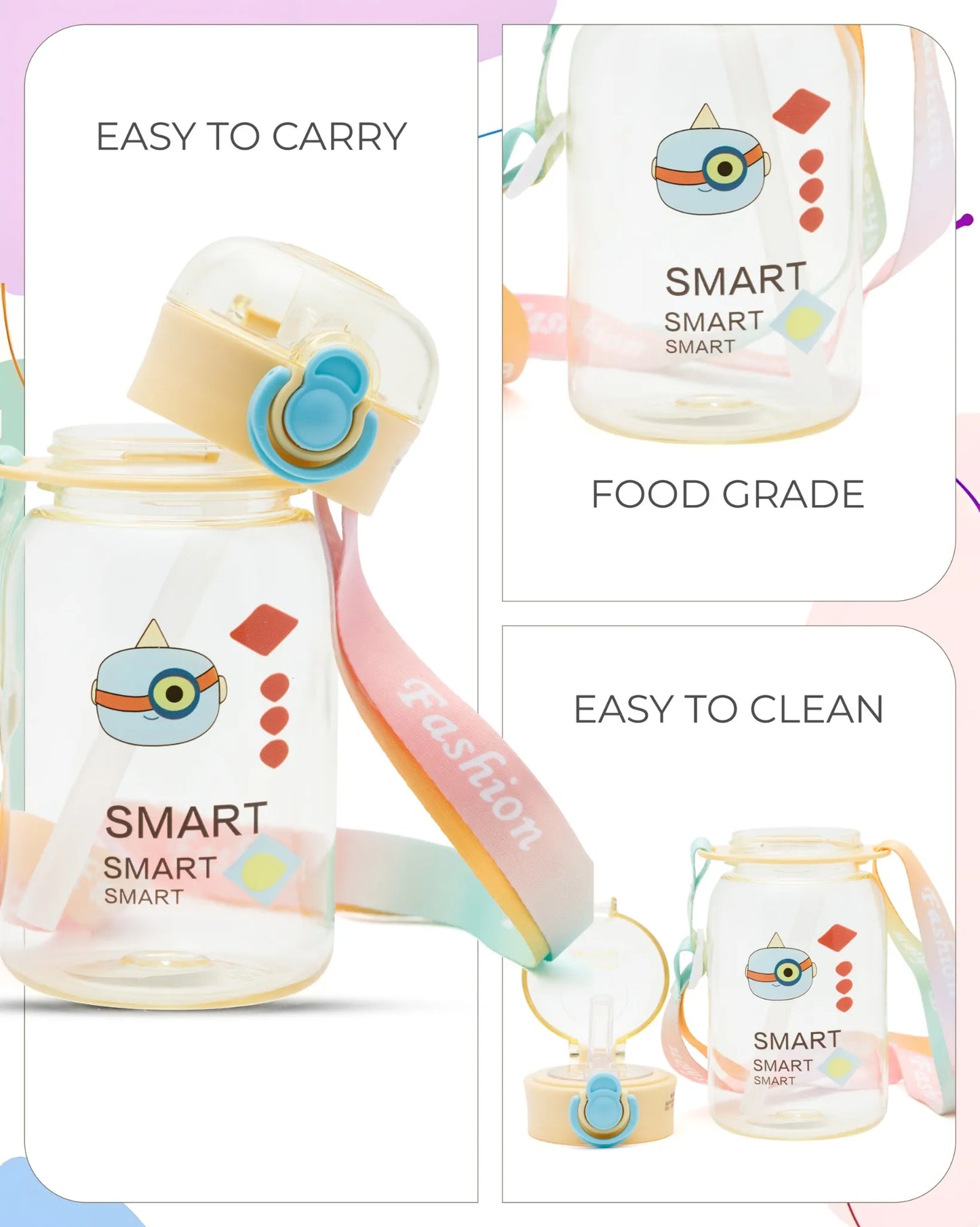 Smart Printed Water Bottle Yellow – 500ml – Cartoon Strap Water Bottle – TUFULA