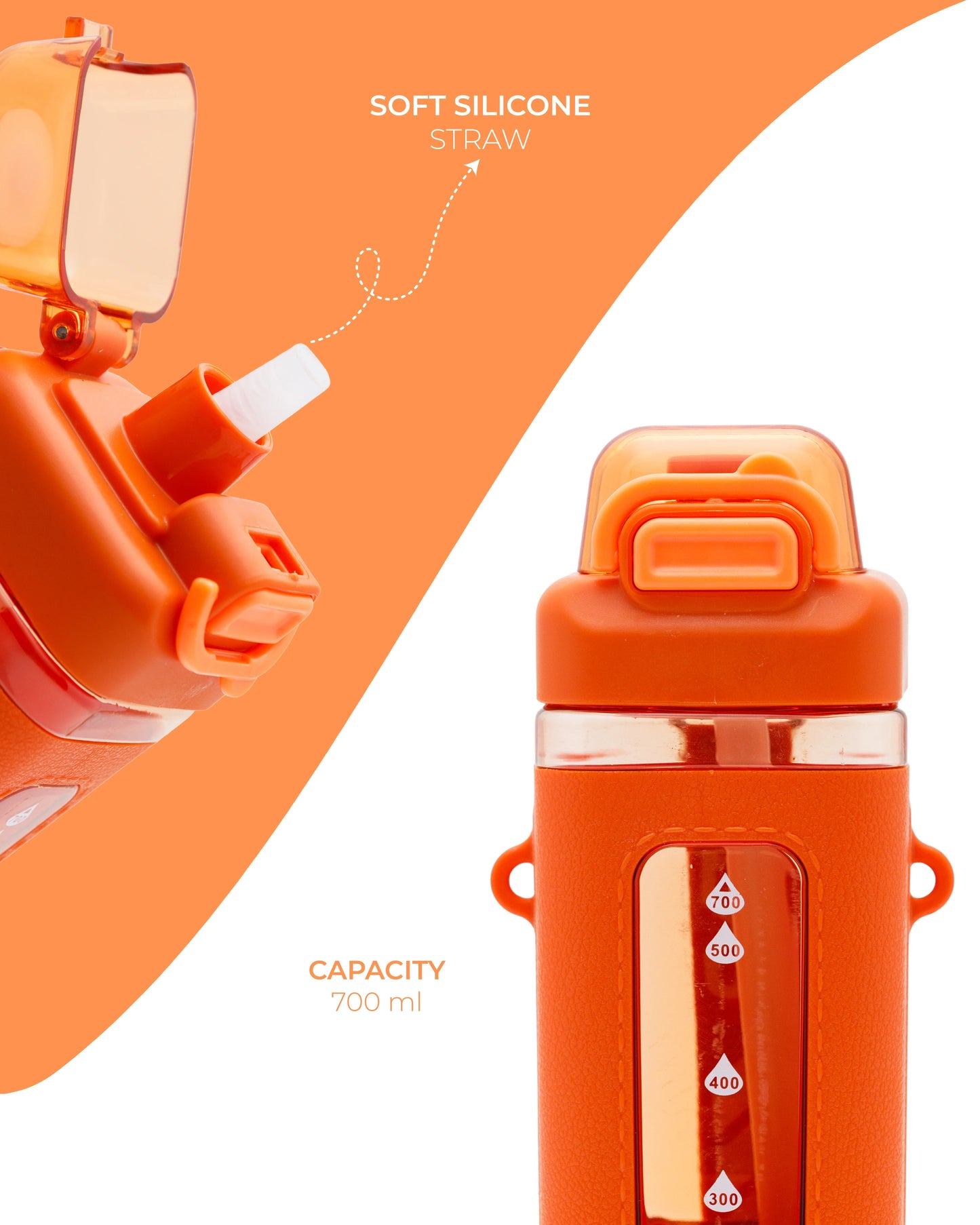 Transparent Sport Bottle Orange – 700ml BPA-Free with Measurement Scale