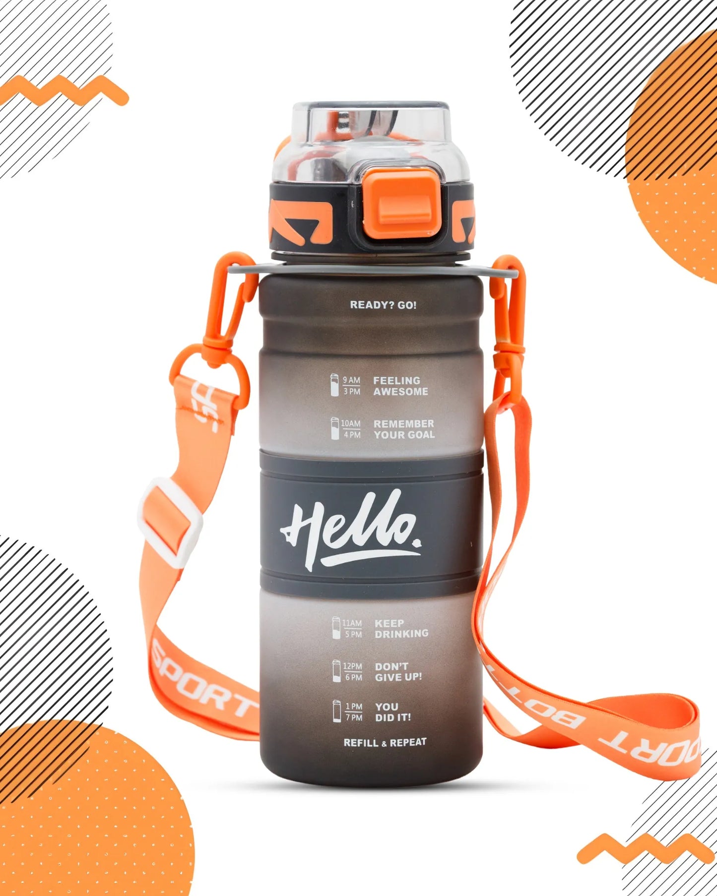 Black Motivational Hello Water Bottle – 300ml with Time Marker