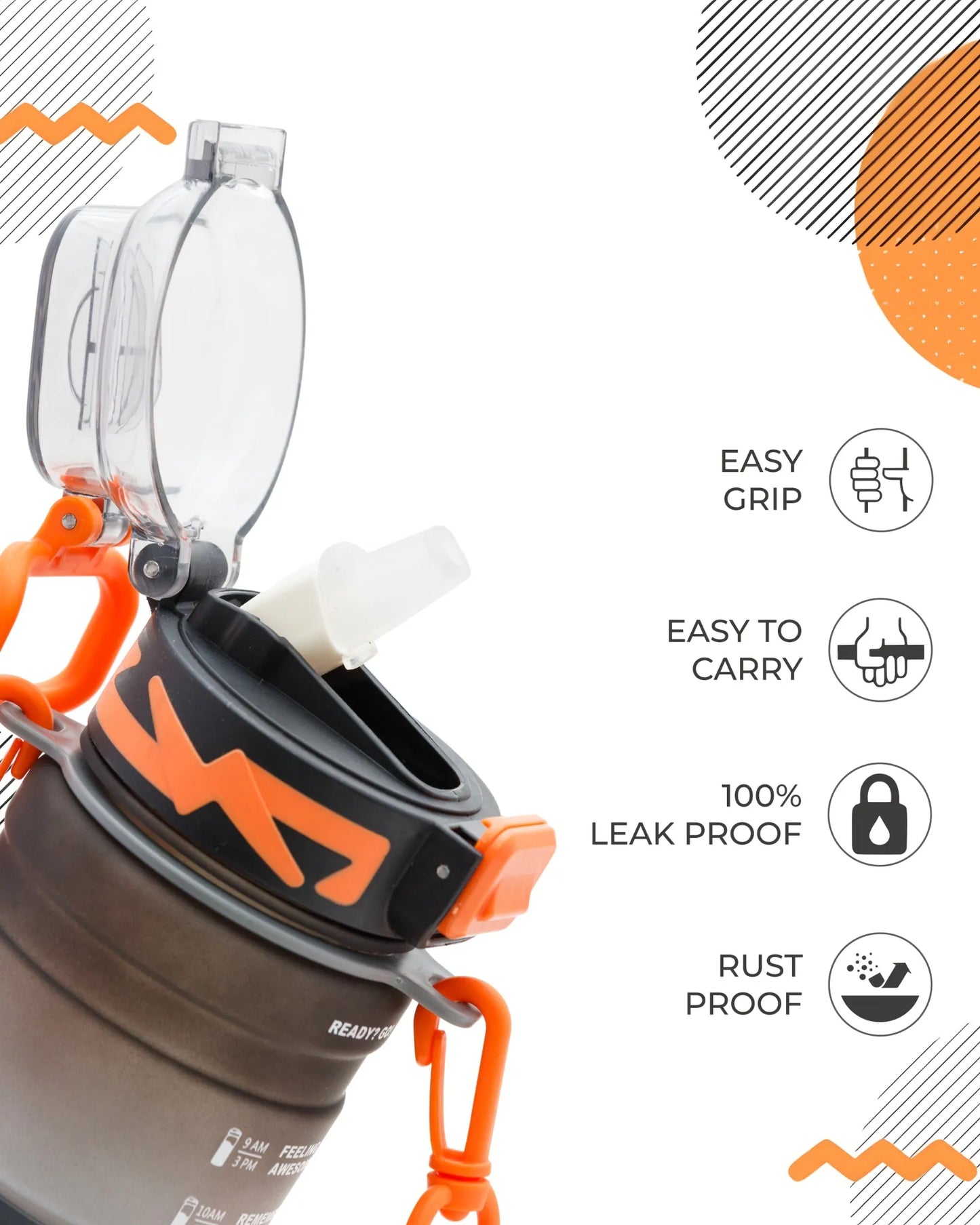 Black Motivational Hello Water Bottle – 300ml with Time Marker