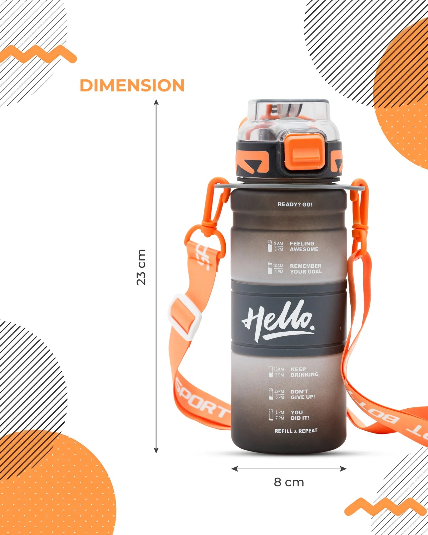 Black Motivational Hello Water Bottle – 300ml with Time Marker