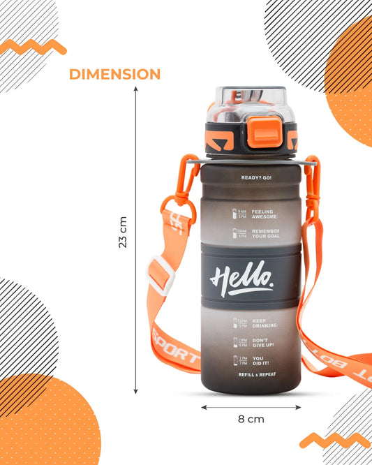 Black Motivational Hello Water Bottle – 300ml with Time Marker