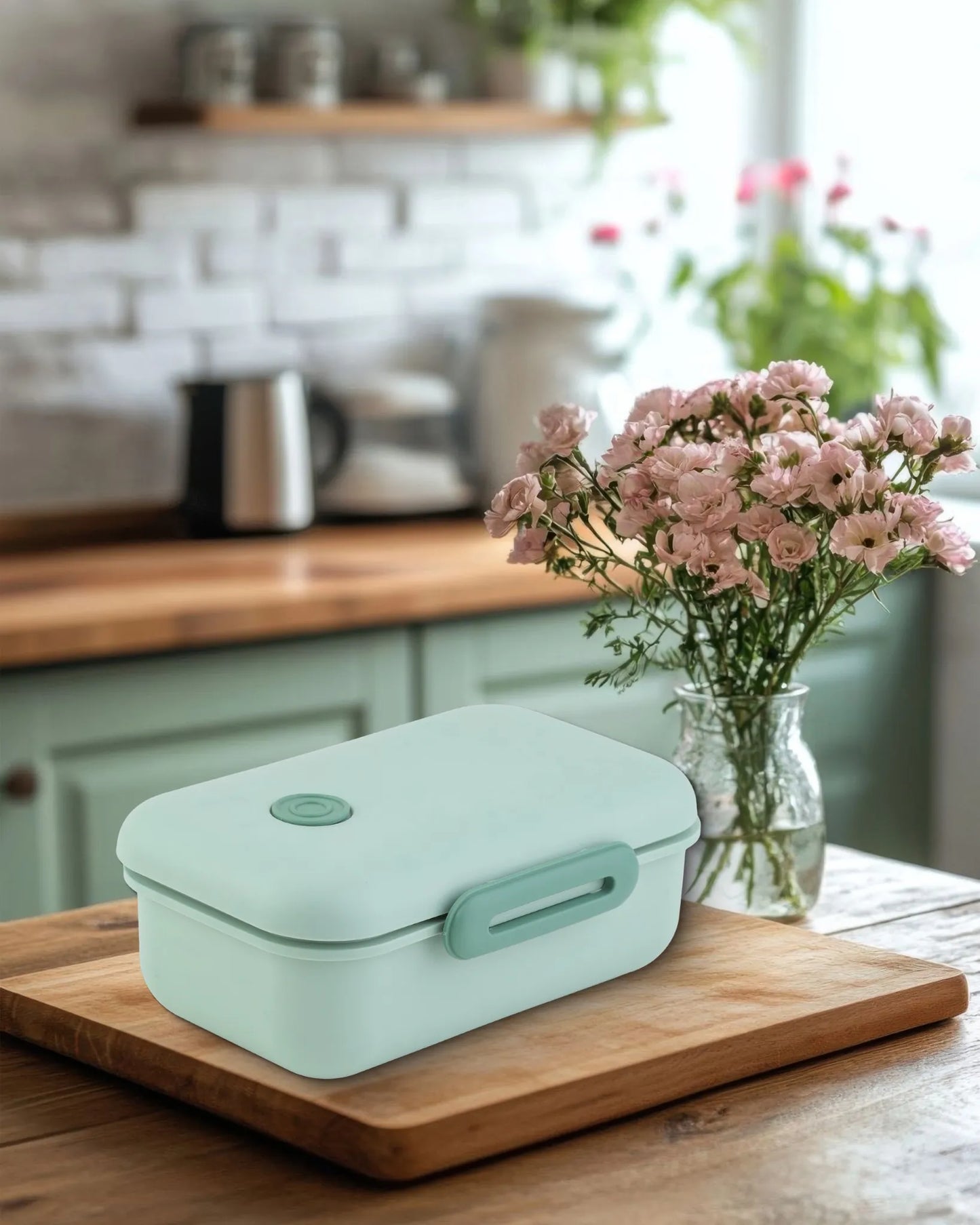 Green Pastel Lunch Box with Spoon – Clip Lock & Steel Interior – TUFULA