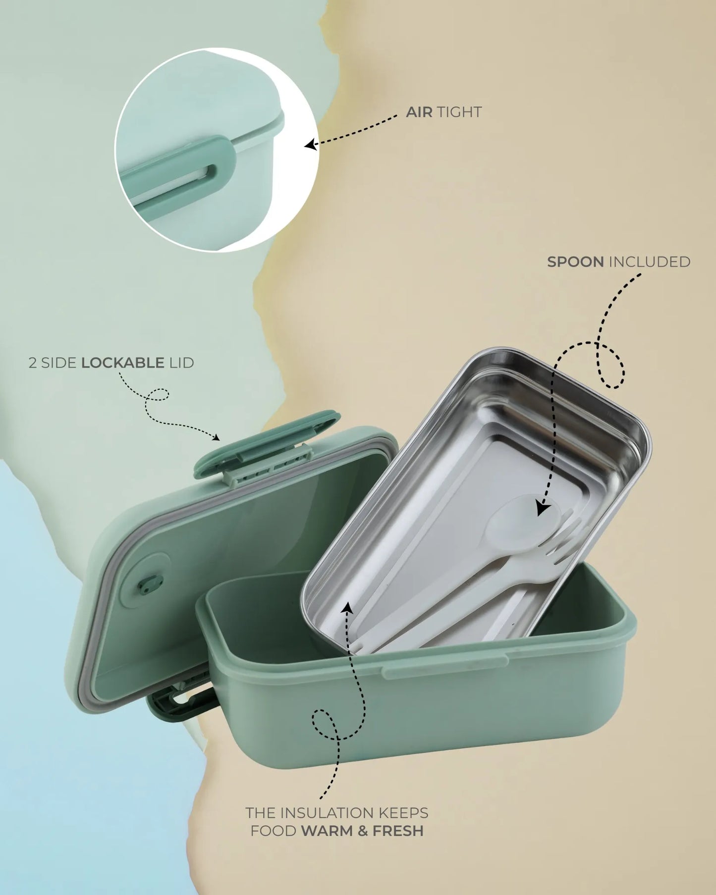 Green Pastel Lunch Box with Spoon – Clip Lock & Steel Interior – TUFULA