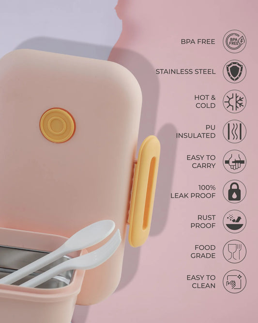 Pink Pastel Lunch Box with Spoon – Clip Lock & Steel Interior – TUFULA
