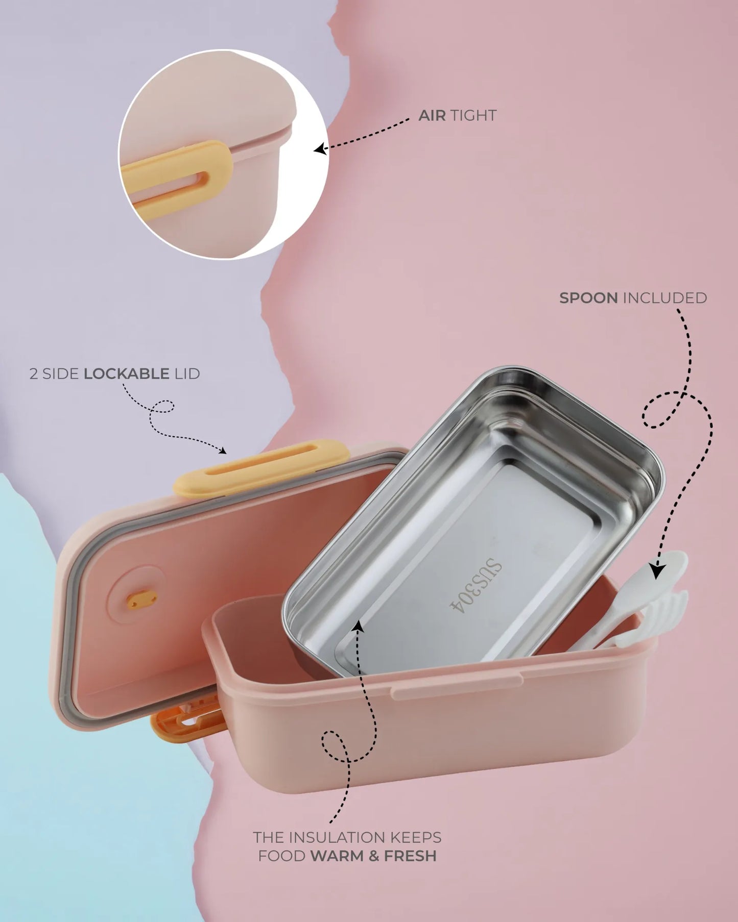 Pink Pastel Lunch Box with Spoon – Clip Lock & Steel Interior – TUFULA
