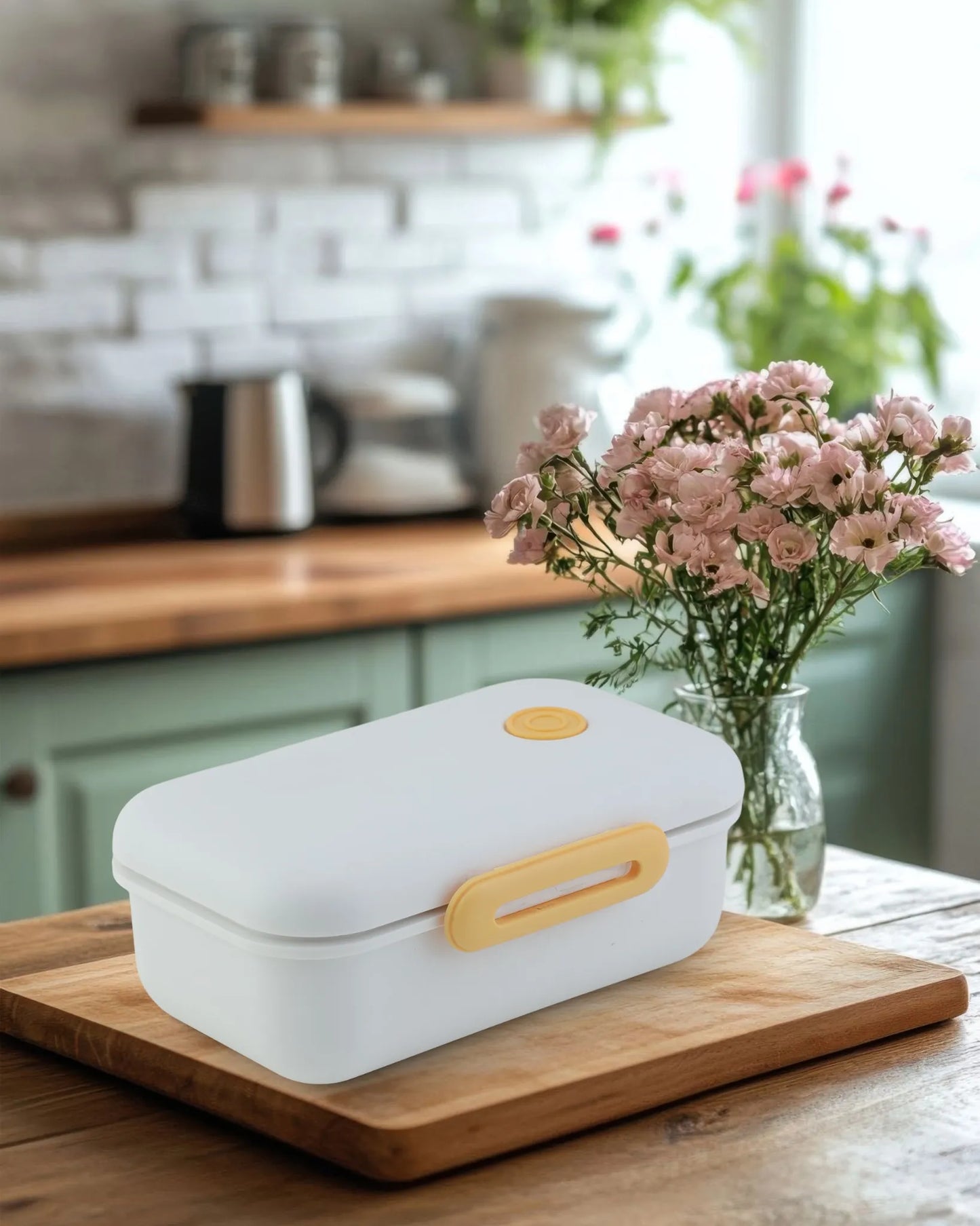 White Pastel Lunch Box with Spoon – Clip Lock & Steel Interior – TUFULA