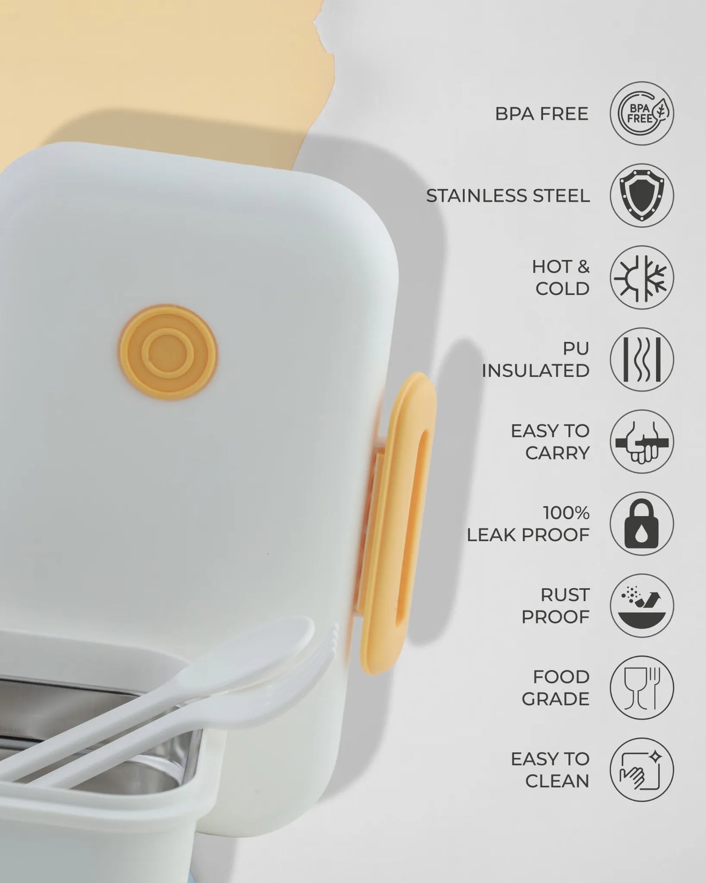 White Pastel Lunch Box with Spoon – Clip Lock & Steel Interior – TUFULA
