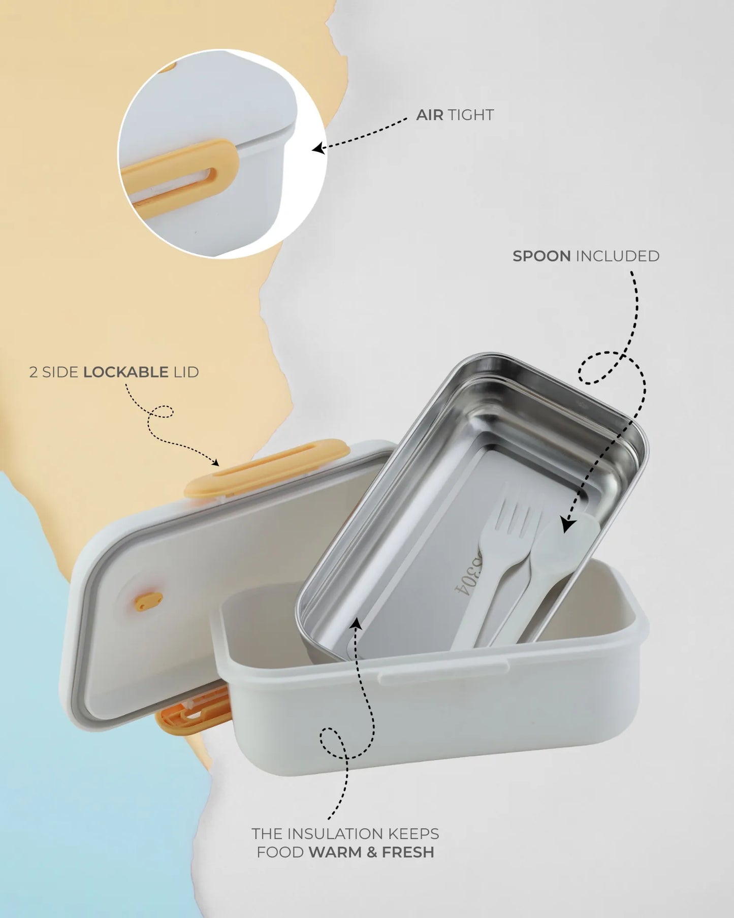 White Pastel Lunch Box with Spoon – Clip Lock & Steel Interior – TUFULA