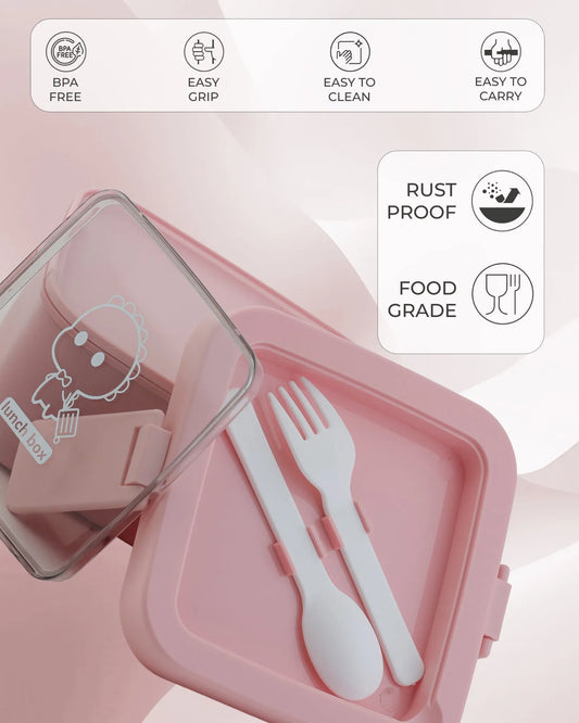 Pink Transparent Lunch Box with Spoon – Clip Lock BPA-Free – TUFULA