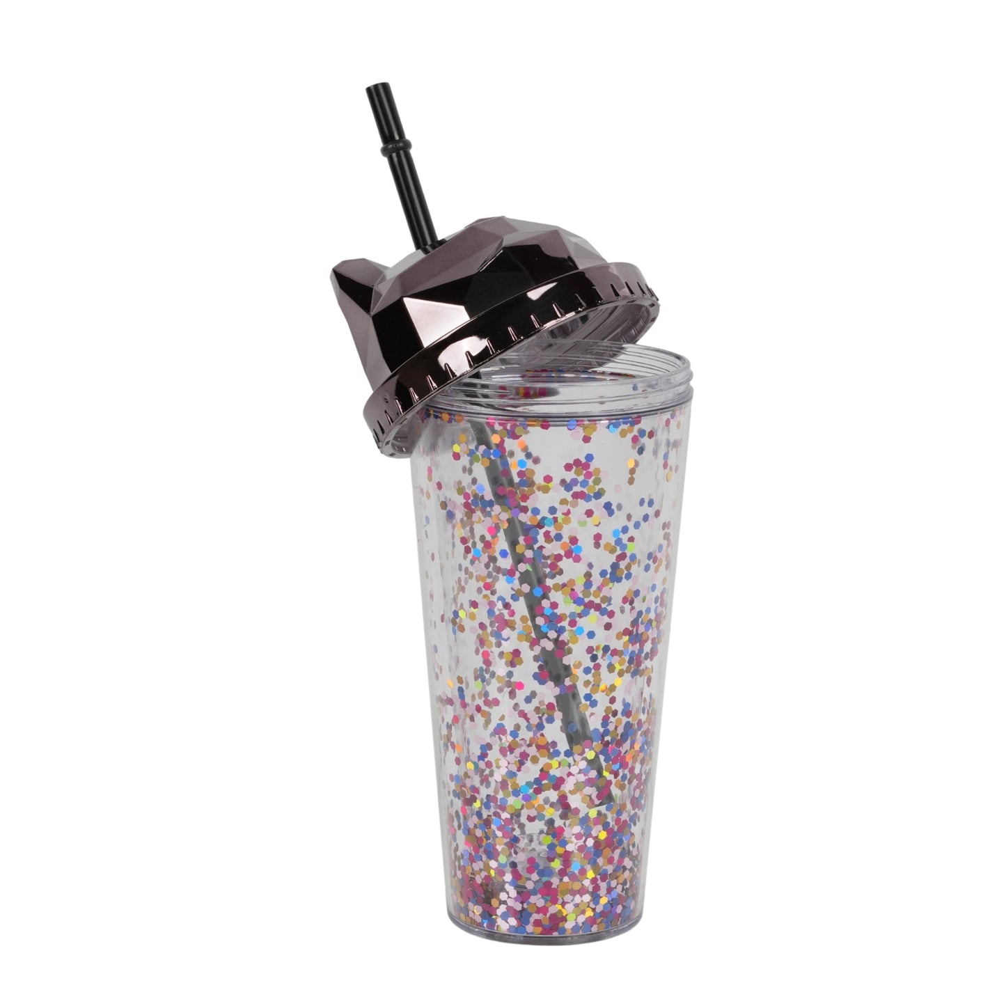 Cat-themed glitter tumbler cup with a straw