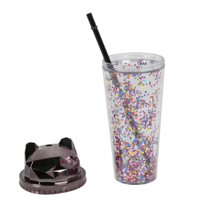 Cat-themed glitter tumbler cup with a straw