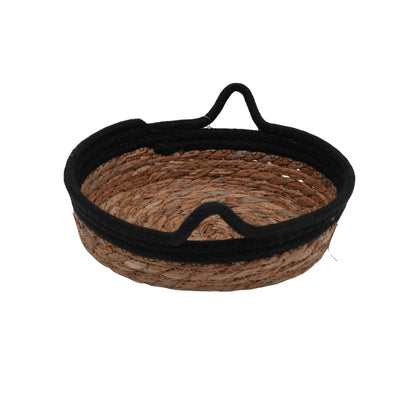 Handwoven Natural Seagrass Storage Basket with Black Contrast Rim and Handles
