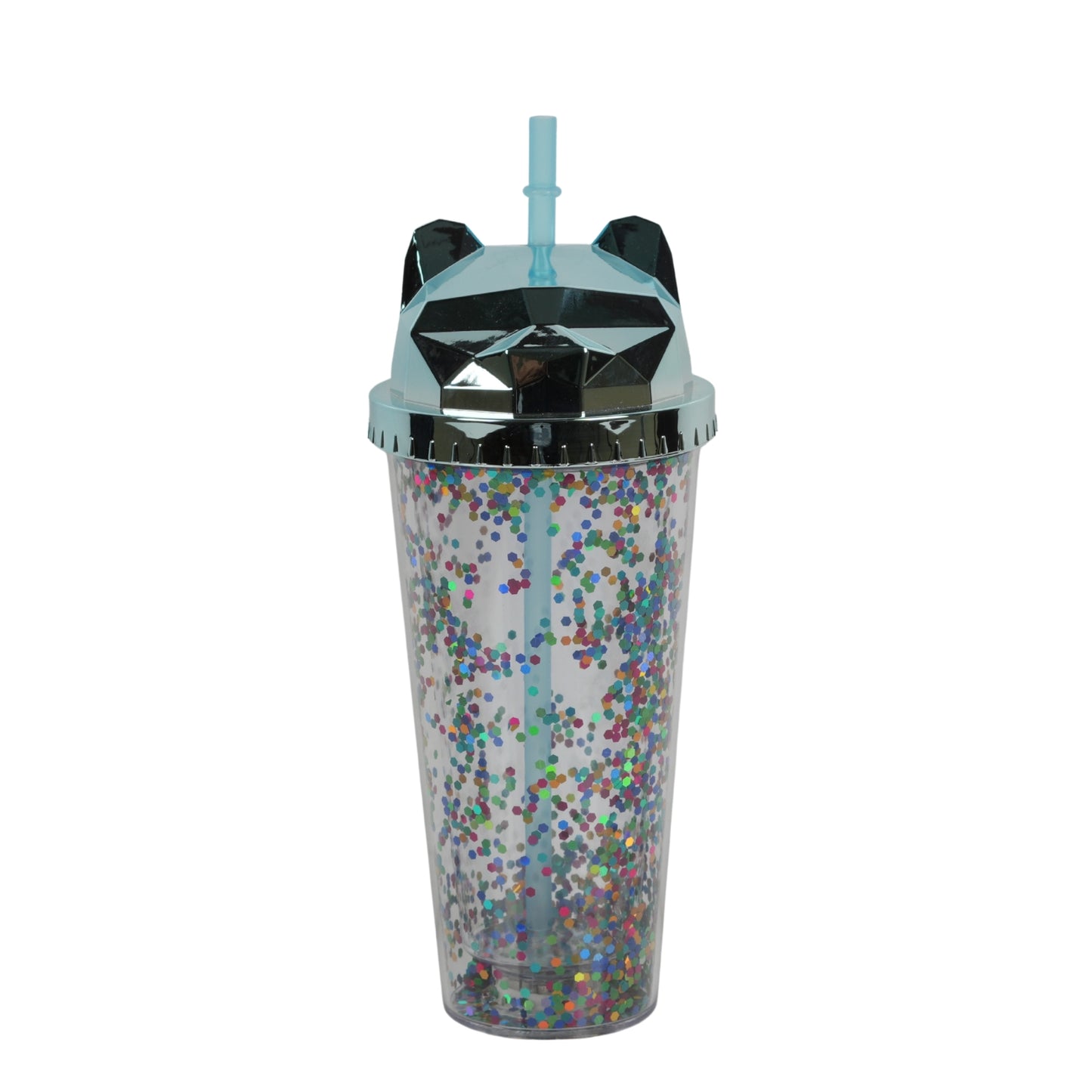 Cat-themed glitter tumbler cup with a straw