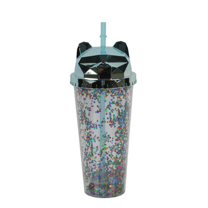 Cat-themed glitter tumbler cup with a straw