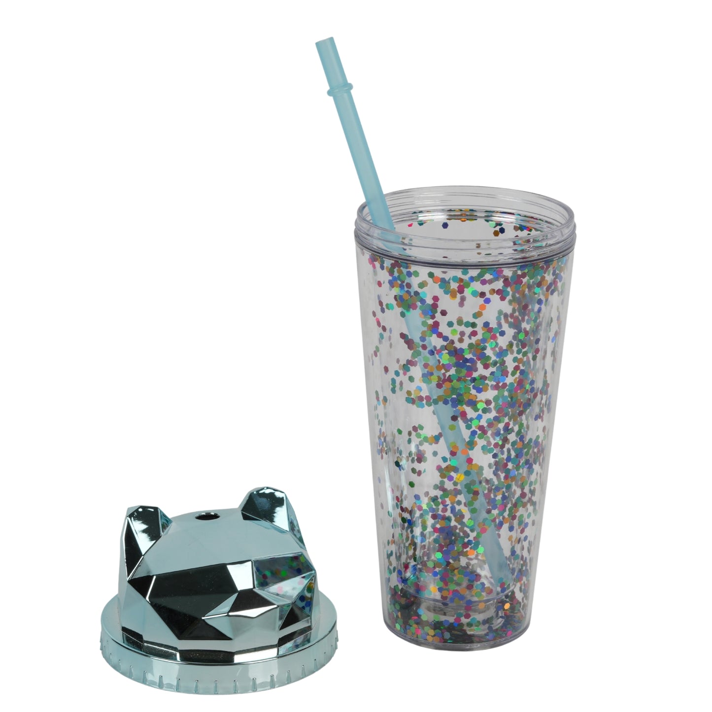 Cat-themed glitter tumbler cup with a straw