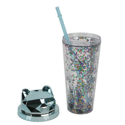 Cat-themed glitter tumbler cup with a straw