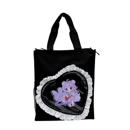 Black heart with fur tote bag