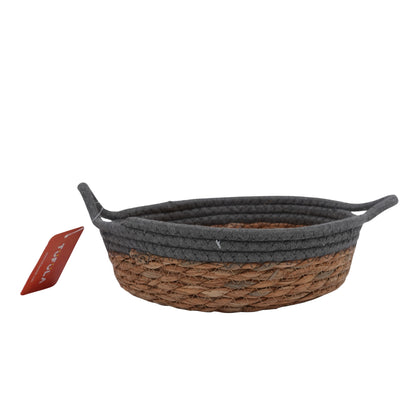 Handwoven Natural Seagrass Storage Basket with Black Contrast Rim and Handles