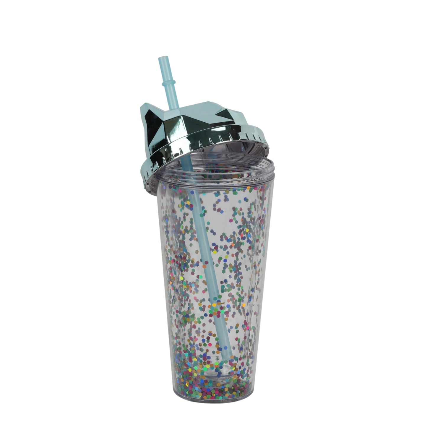 Cat-themed glitter tumbler cup with a straw