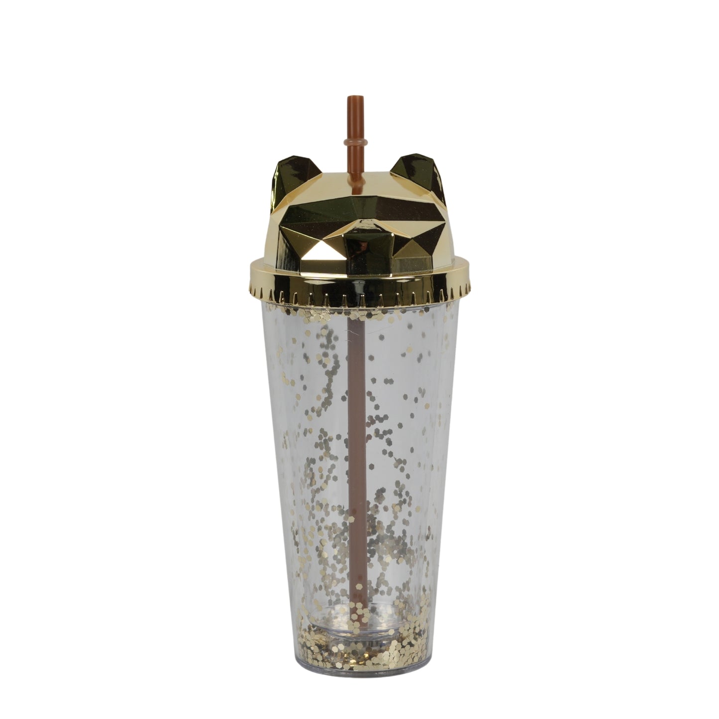 Cat-themed glitter tumbler cup with a straw