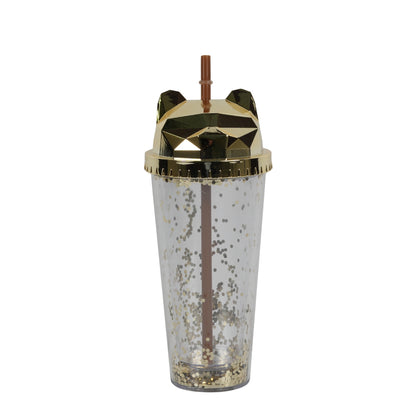 Cat-themed glitter tumbler cup with a straw