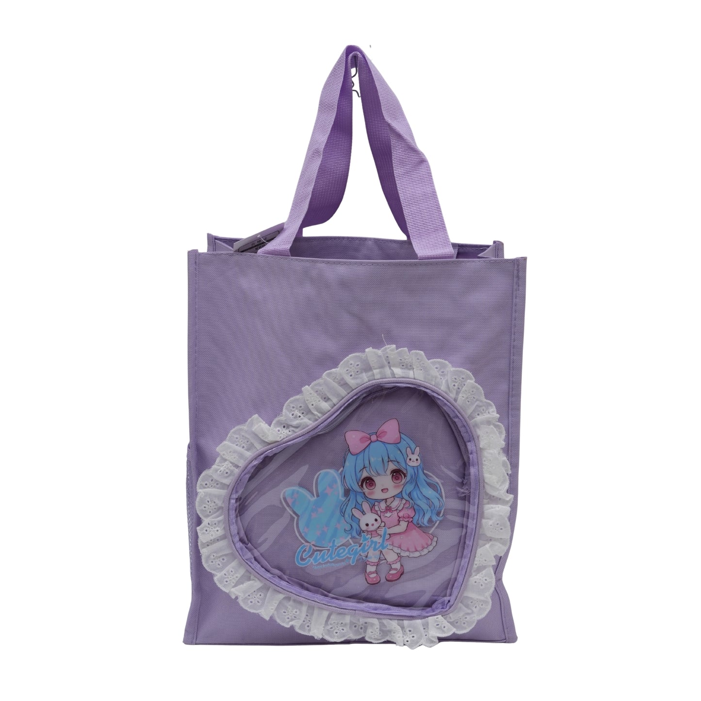 Purple heart shape fur at top tote bag