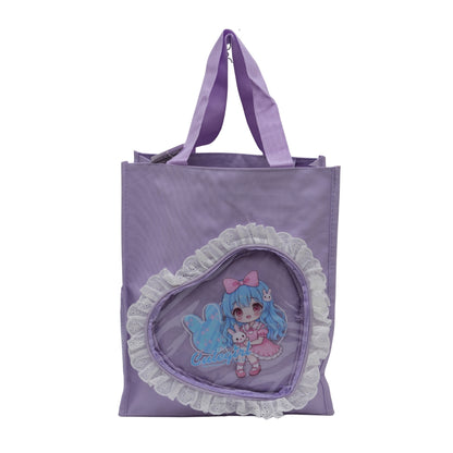 Purple heart shape fur at top tote bag