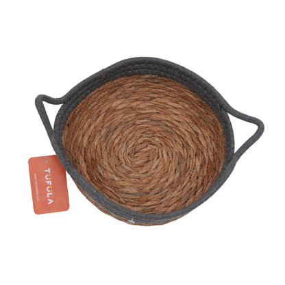 Handwoven Natural Seagrass Storage Basket with Black Contrast Rim and Handles
