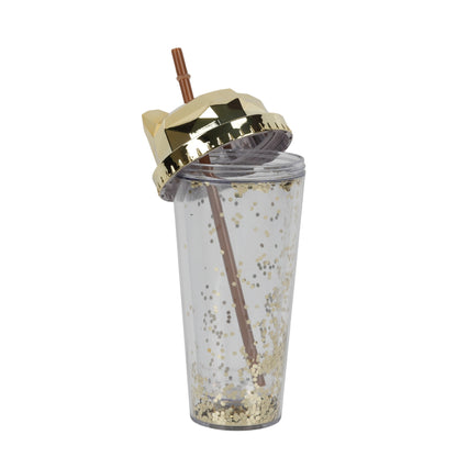 Cat-themed glitter tumbler cup with a straw