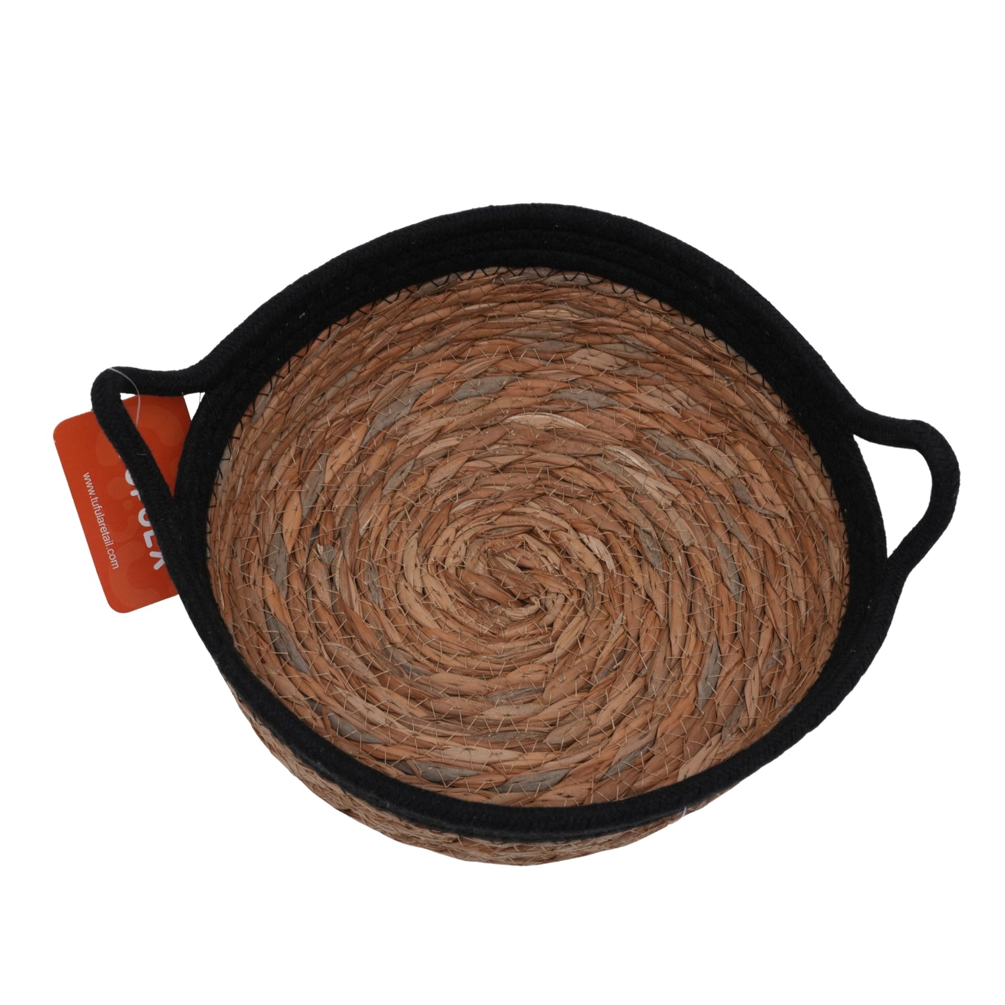 Handwoven Natural Seagrass Storage Basket with Black Contrast Rim and Handles