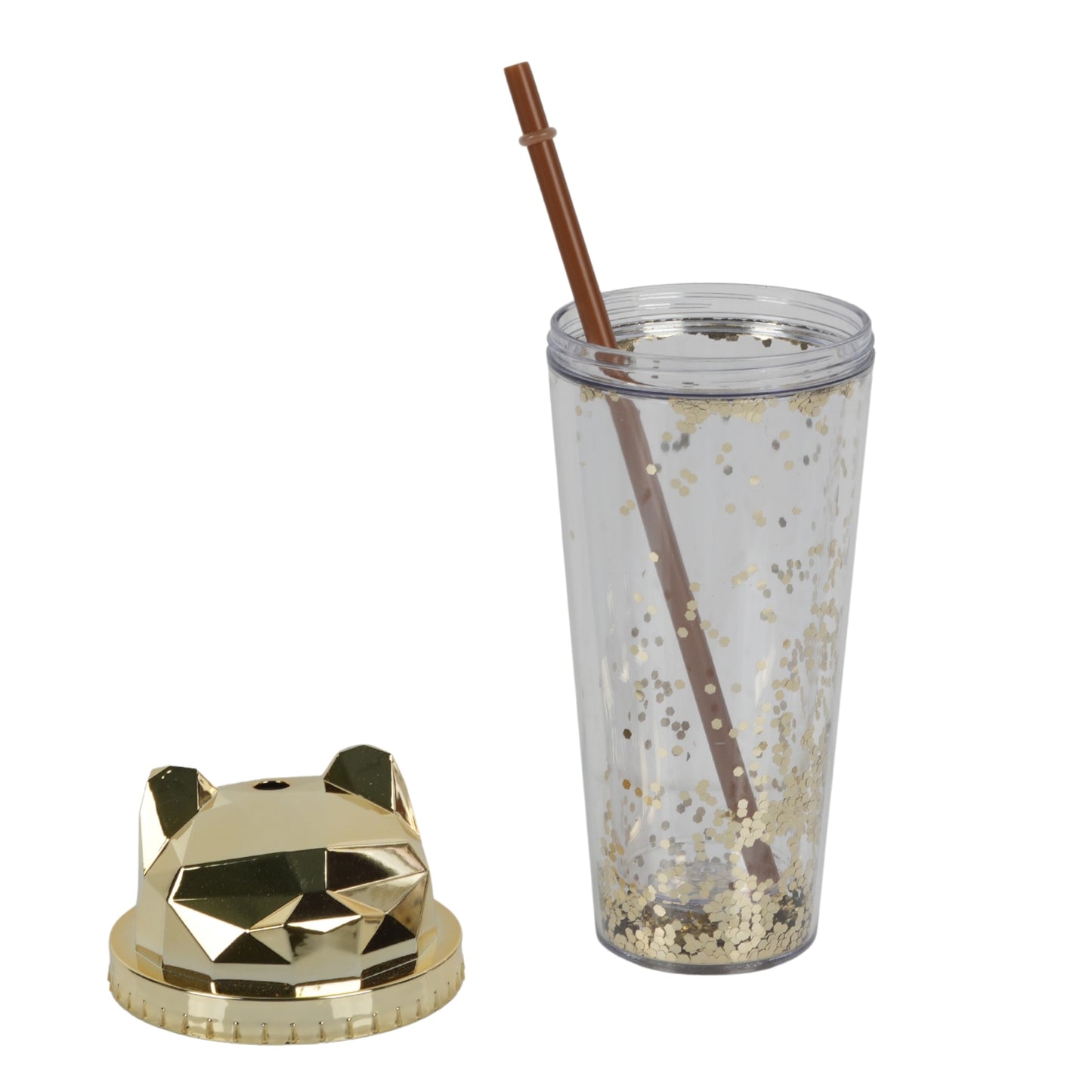 Cat-themed glitter tumbler cup with a straw