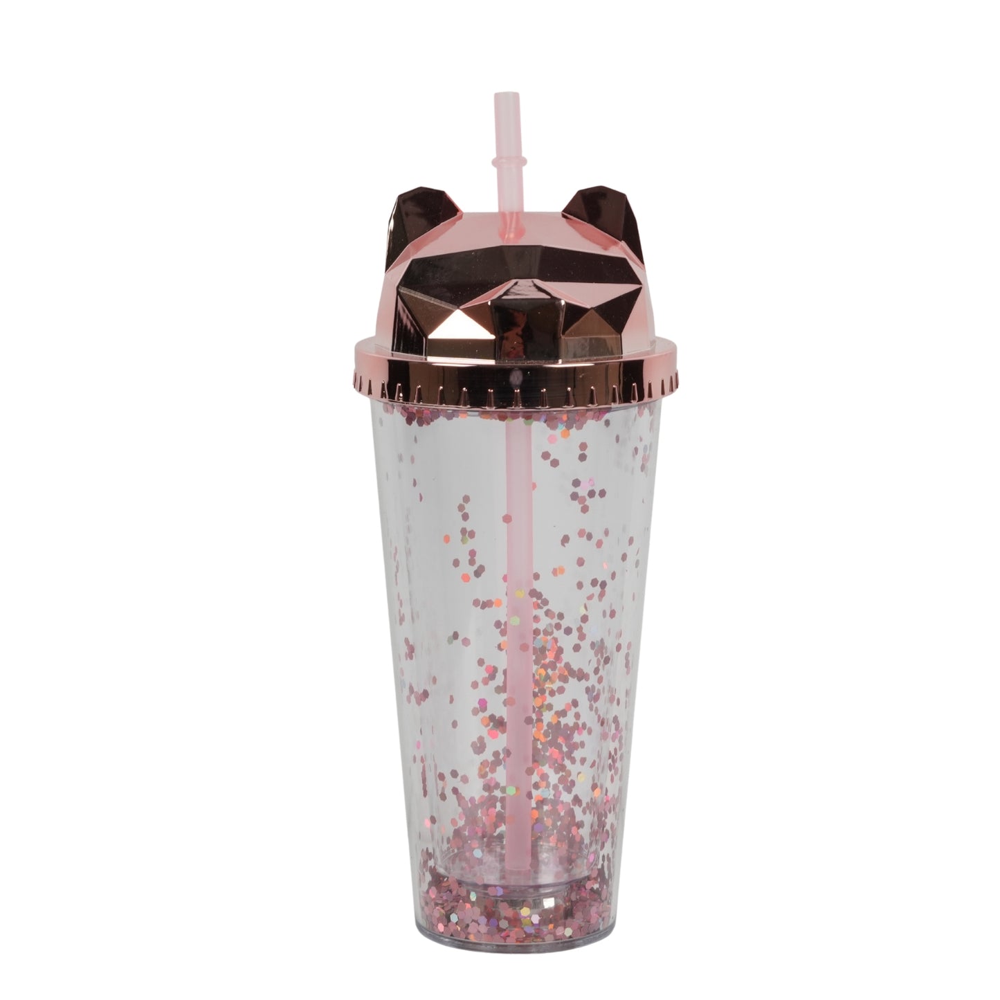 Cat-themed glitter tumbler cup with a straw