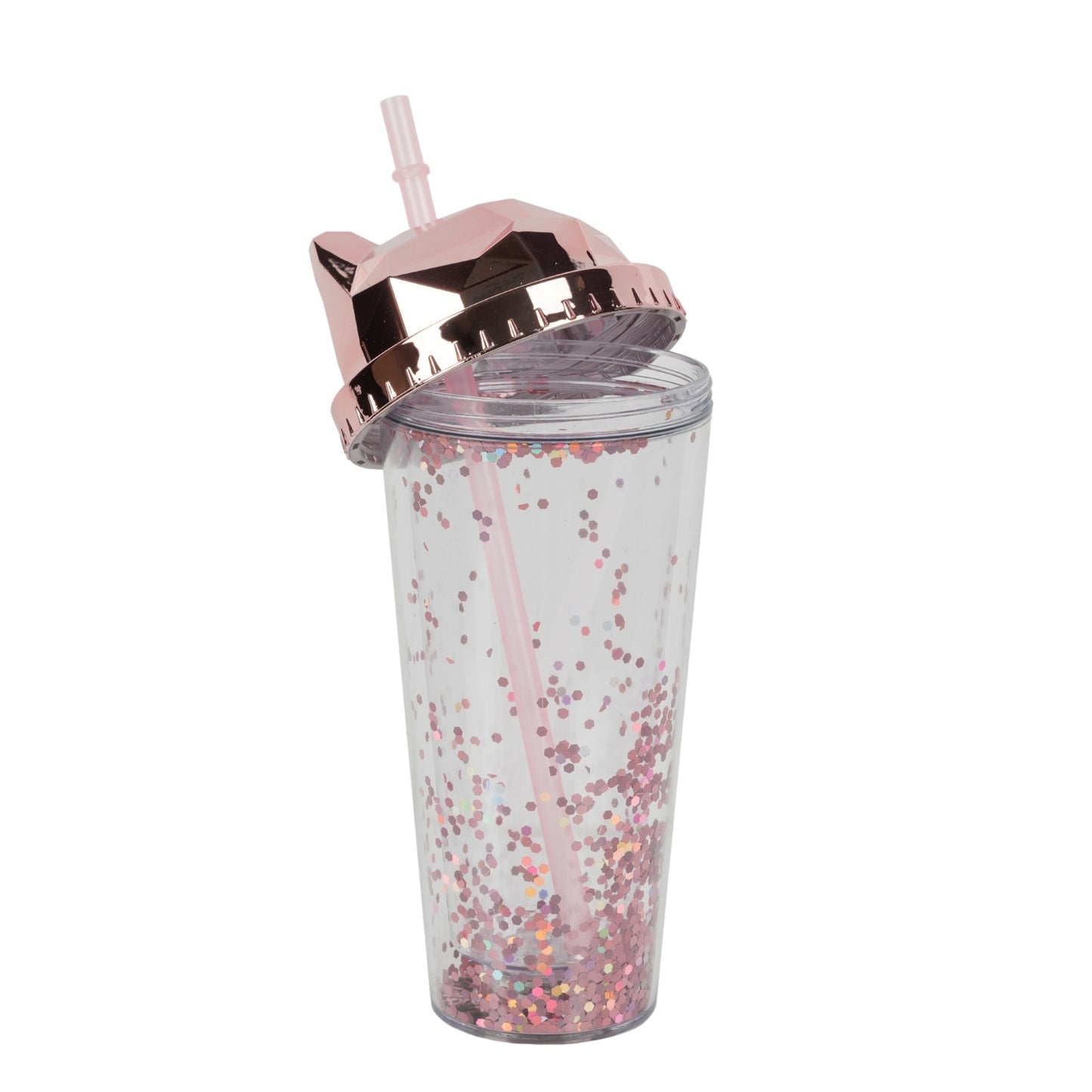 Cat-themed glitter tumbler cup with a straw