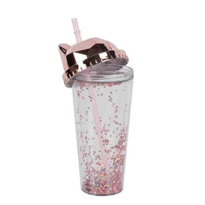 Cat-themed glitter tumbler cup with a straw