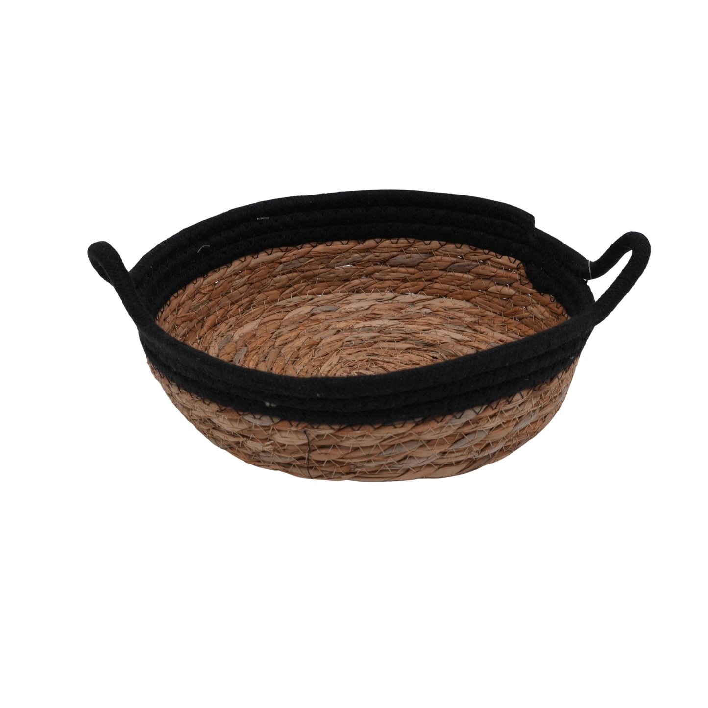 Handwoven Natural Seagrass Storage Basket with Black Contrast Rim and Handles