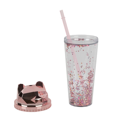 Cat-themed glitter tumbler cup with a straw