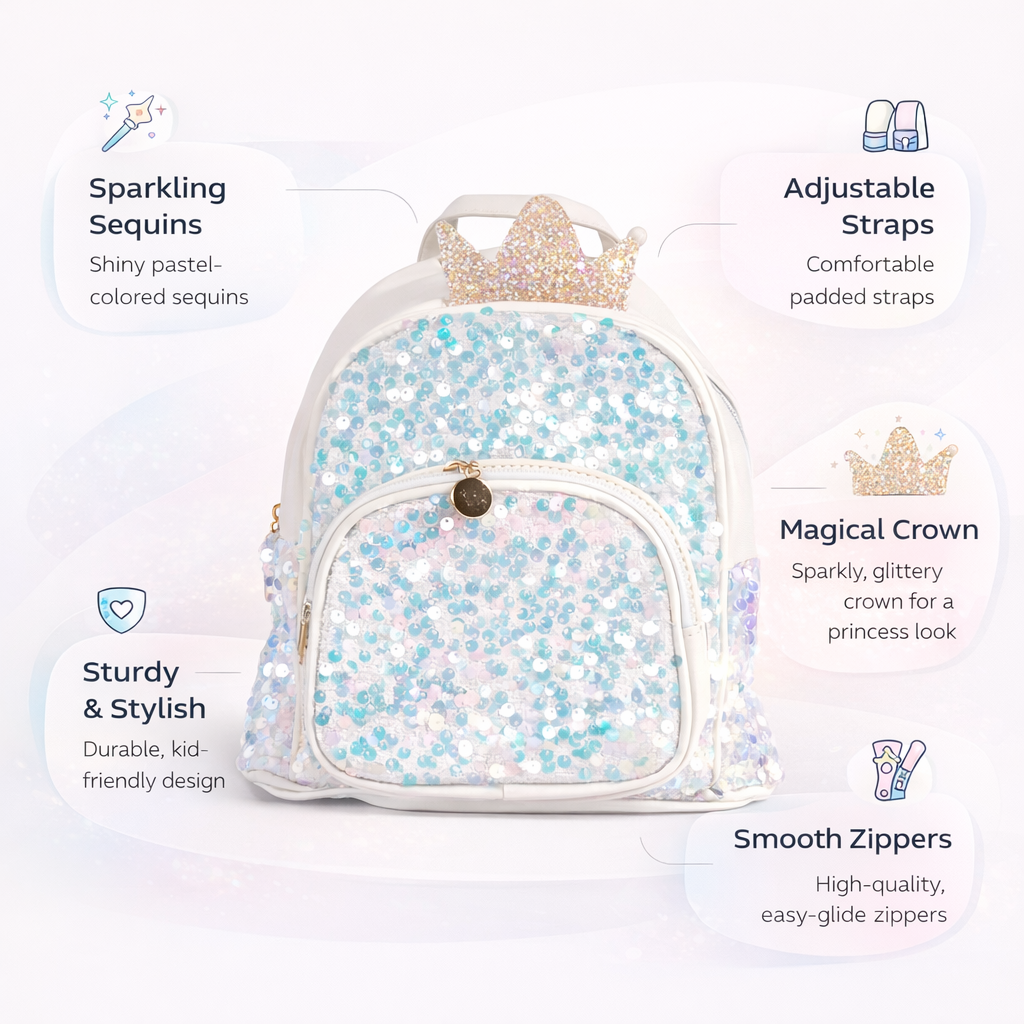 Unicorn Crown Sequin School Backpack for Kids | Glittery Lightweight Bag for Girls