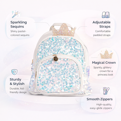 Unicorn Crown Sequin School Backpack for Kids | Glittery Lightweight Bag for Girls