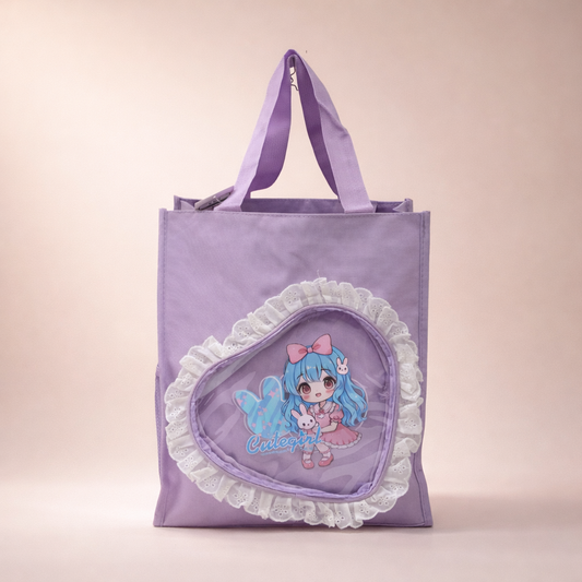 Purple heart shape fur at top tote bag