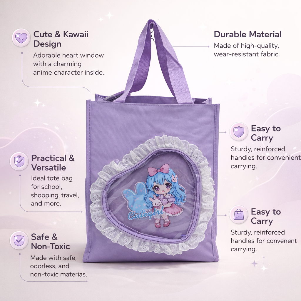 Purple heart shape fur at top tote bag