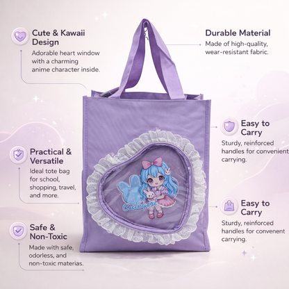 Purple heart shape fur at top tote bag