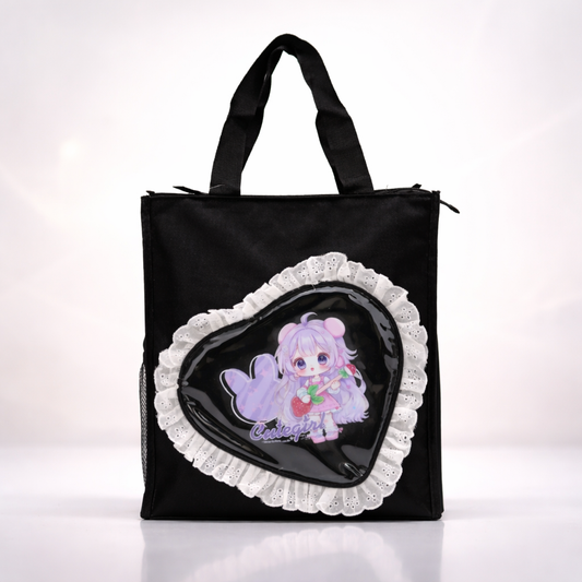 Black heart with fur tote bag