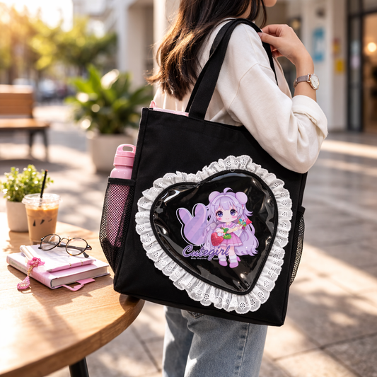 Black heart with fur tote bag